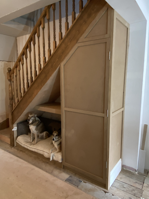 under-stair cupboard with dogs sitting in their bed